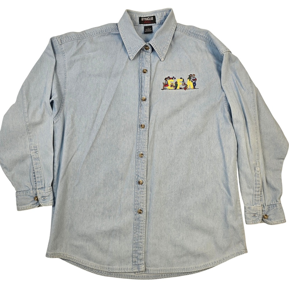 UltraClub Collection Light Wash Denim Button Down Shirt Embroidered Large L